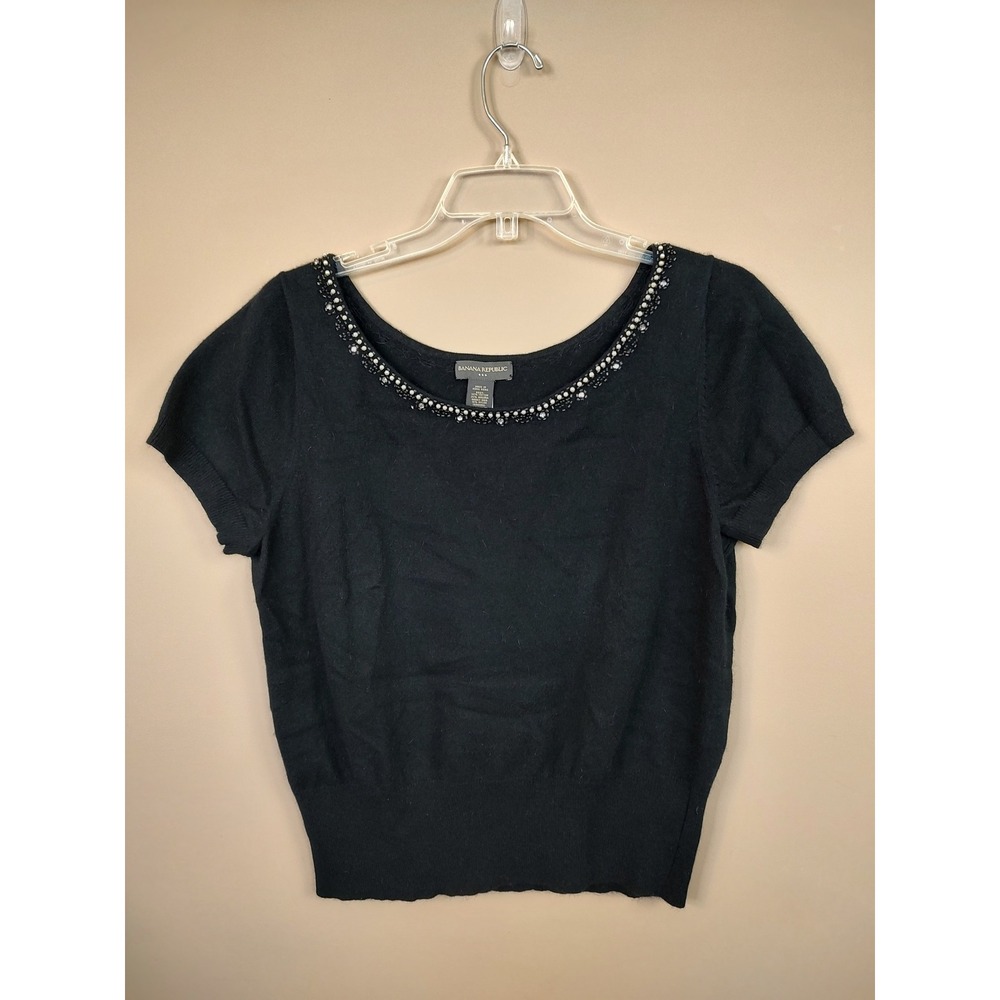 Banana Republic Black Angora Blend Beaded Pearl Scoop Neck Sweater Top Large‎